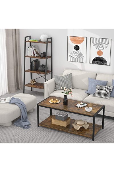 HXDream Industrial 2-Tier Coffee Table with Storage Shelf - Rustic Brown Wood Look & Metal Frame