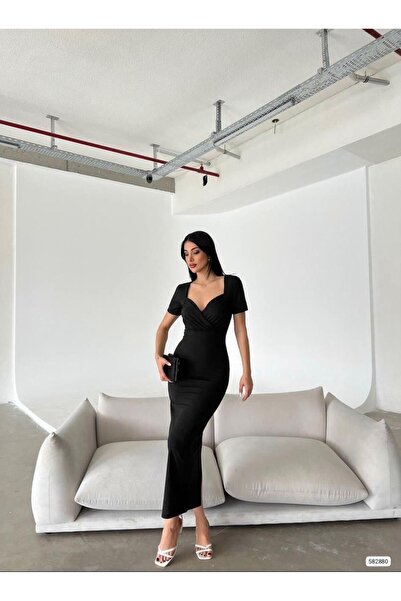 Modafeminen Double-Breasted Collar Back Slit Midi Scuba Dress 582880 Black