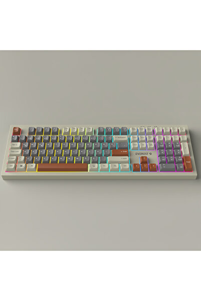 Everest Km-77 Runa Gri-Krem-Kahve Usb Rainbow Aydınlatmalı Sessiz Q Klavye + Mouse Set