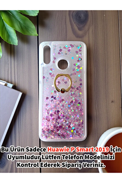 Merwish Huawei P Smart 2019 Uyumlu Sulu Simli Yüzüklü Standlı Parlak Silikon Kılıf Pembe