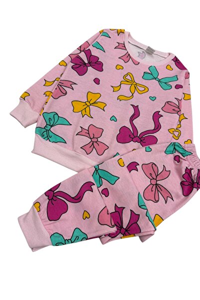 Şekerkids Girl's Two Thread Sha Fleece-Lined Embe Color Ribbon Pattern Long Sleeve Pajamas Set
