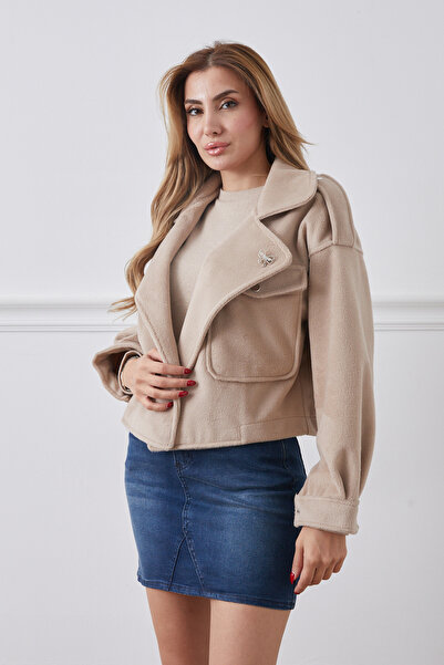 DPARİS Brooch Detailed Single Pocket Short Cashmere Jacket