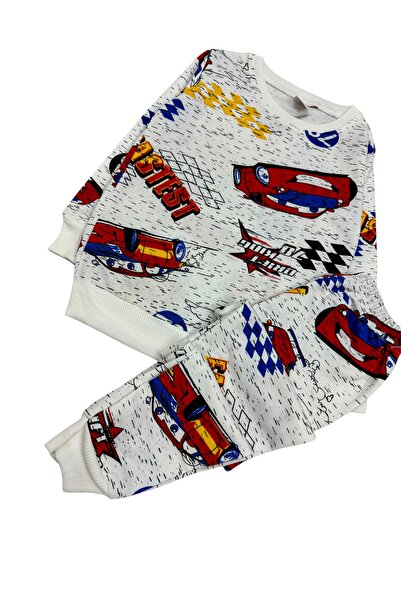Şekerkids Boy's Two Thread Cotton Sha Fleece-Lined White Color Car Pattern Long Sleeve Pajama Set