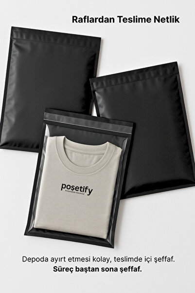 POŞETİFY Tek Tarafı Şeffaf Kargo Poşeti 45X55X5 cm | 25 Adet | Siyah | Yapışkan Bantlı E-Ticaret Poşeti