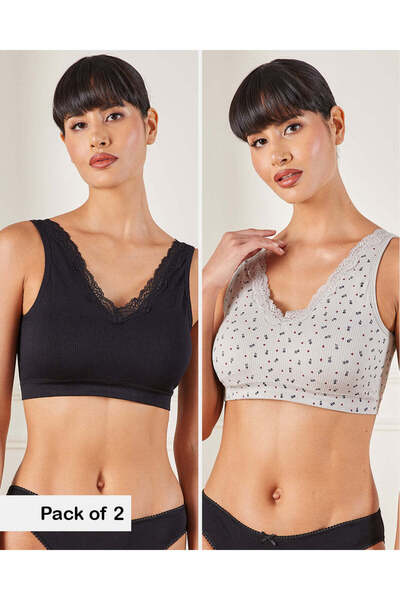 REDTAG مجموعة حمالة صدر مريحة باللونين الأسود والرمادي للنساء (عبوة من قطعتين)