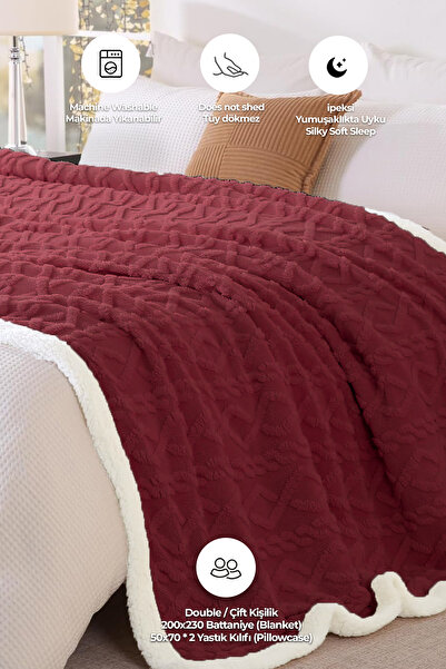 Evlen Home Collection Pufly Jakar Sherpa Battaniye Seti Çift Kişilik 3 Parça Yumuşak Peluş Wellsoft Yatak Örtüsü