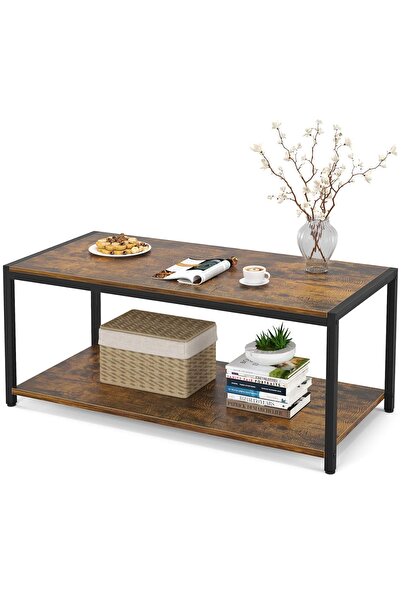HXDream Industrial 2-Tier Coffee Table with Storage Shelf - Rustic Brown Wood Look & Metal Frame