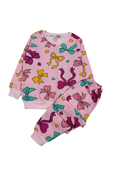Şekerkids Girl's Two Thread Sha Fleece-Lined Embe Color Ribbon Pattern Long Sleeve Pajamas Set