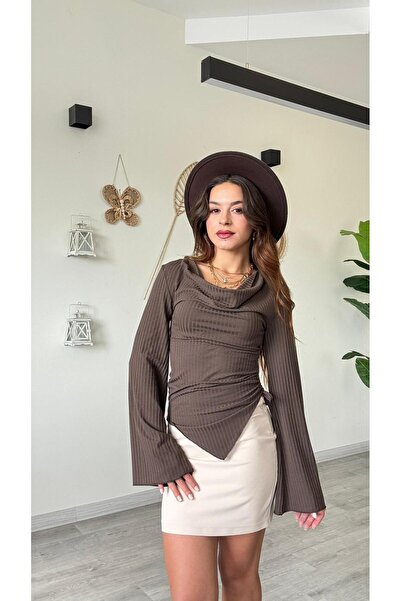 modadagiyim Women's Asymmetrical Cut Drawstring Spanish Sleeve Design Blouse