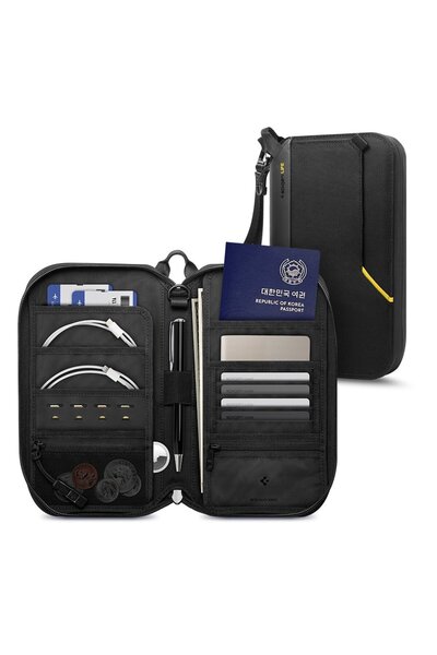 Spigen Life Passport Holder Pouch Wallet Cover, SIM Card Holder and Eject Pin, Wrist strap - Black