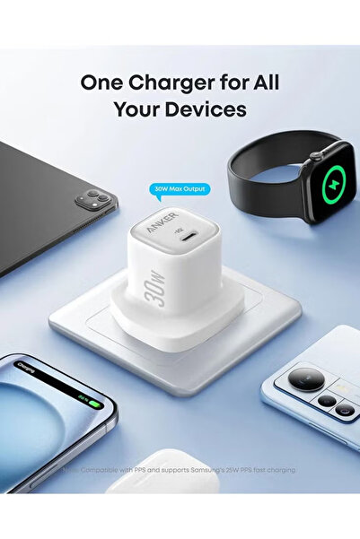 Anker 30W USB C Plug, Zolo Compact GaN USB C Charger, Compact Design and 3X Faster Charging-White