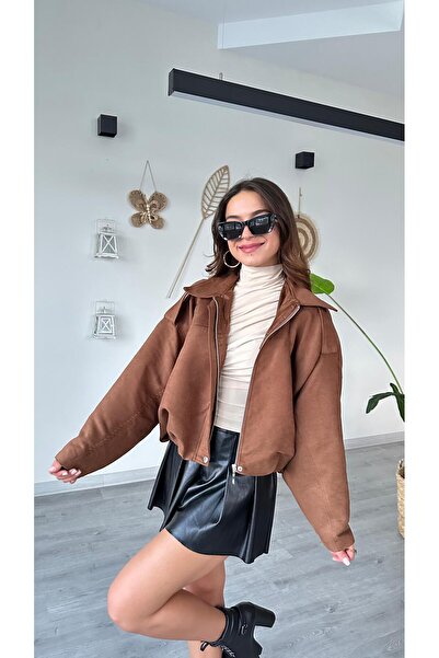 modadagiyim Women's Zippered Balloon Sleeve Lined Short Suede Bomber Jacket