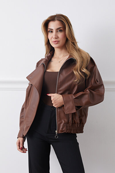 DPARİS Faux Leather Jacket with Elastic Waist and Hidden Zipper