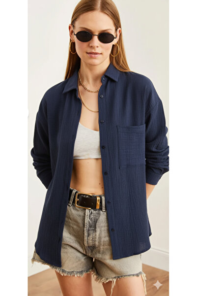 THIFF GYMWEAR Women's Oversize Basic Pocket Muslin Shirt