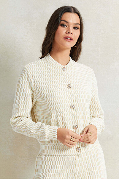 REDTAG Women Cream Jacquard Long Sleeves Jacket