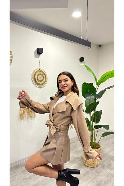 modadagiyim Women's Double-Breasted Collared Belted Short Trench Coat