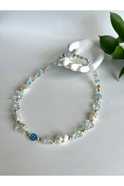 Fynbos Gerçek Doğal Taşlı İnci ve Nazar Boncuklu El Yapımı Kolye – Altın Deta...