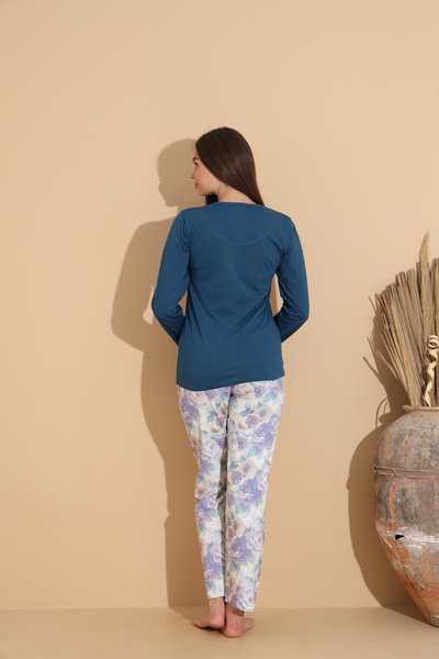 Serena Women's navy blue pajamas, "Love" blouse and floral Printed pants - 100% cotton