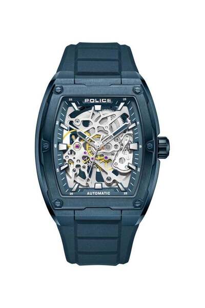 Police Men's Skeletor 42mm Automatic Watch with Matte Blue Dial & Navy Silico...