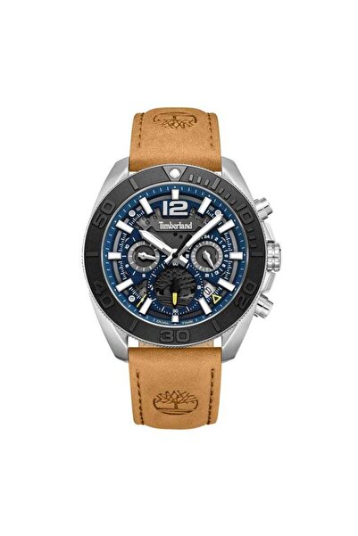 Timberland ساعة مارشفيلد متعددة الوظائف للرجال مقاس 44 مم - مينا أزرق، حزام جلدي بني