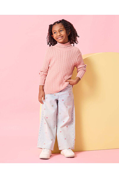 REDTAG Girls Pink Turtle Neck Cable Knitted Pullover