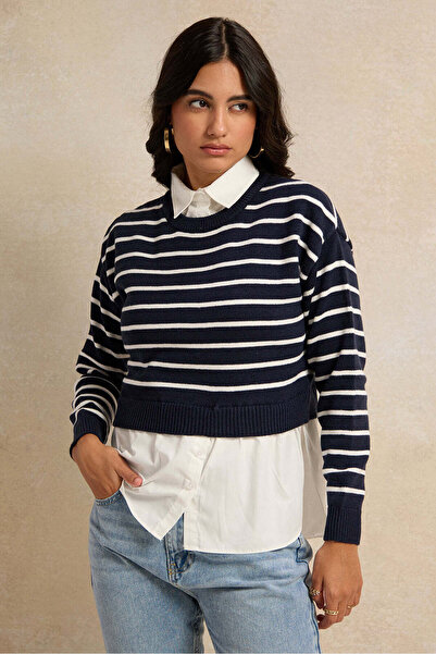 REDTAG Women Black And White Striped With Solid Woven Twofer