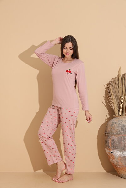 Serena Pale pink women's pajamas with Printed and long cherry pants – 100% cotton