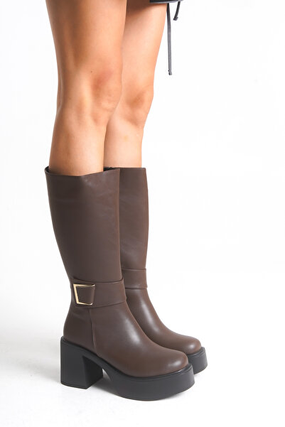 Limeo Δερμάτινες μπότες με χρυσή αγκράφα, χοντρές ψηλές γόβες με φερμουάρ, μακριές γυναικείες μπότες