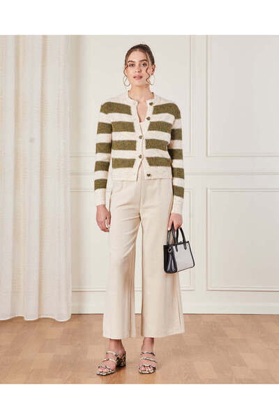 REDTAG Women Beige Striped Knitted Cardigan