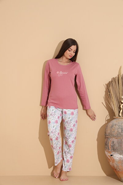 Serena Women's dusty pink pajamas, "Flowers" blouse and floral Printed pants - 100% cotton
