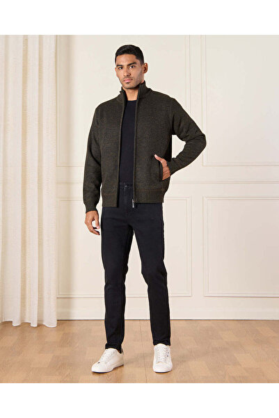 REDTAG Men Olive Bonded Turtle Neck Knitted Sweatshirt