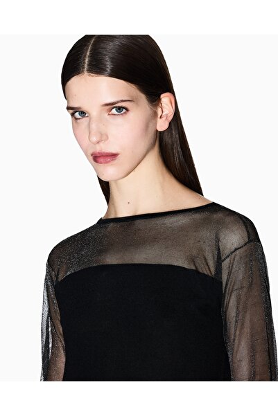 Armani Exchange Women's Tight Fit Tulle Detailed Round Neck Long Sleeve Mini Black Dress Xw001324 Af13781-Mc108