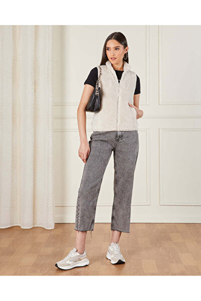 REDTAG Women Ivory High Neck Sleeveless Fur Jacket