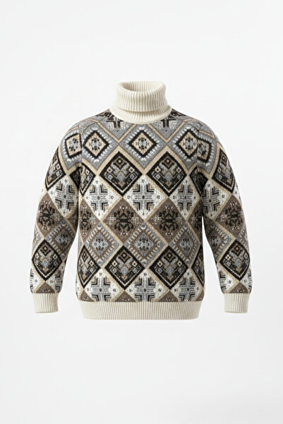 Pulltonic Erkek Kalın Balıkçı Yaka Desenli Kazak | %68 Kuzu Yünü