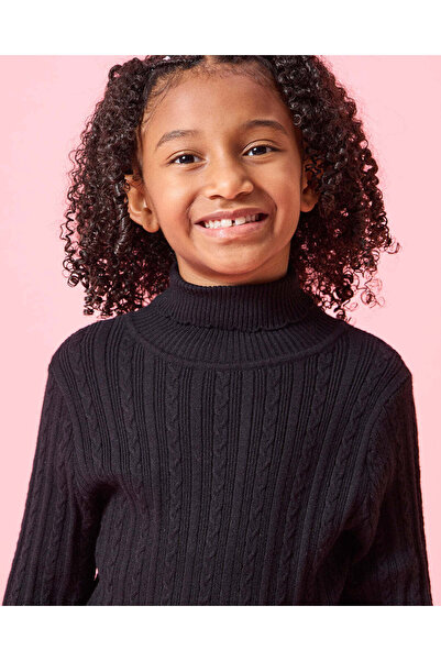 REDTAG Girls Black Turtle Neck Cable Knitted Pullover