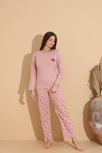 Serena Pale pink women's pajamas with Printed and long cherry pants – 100% cotton