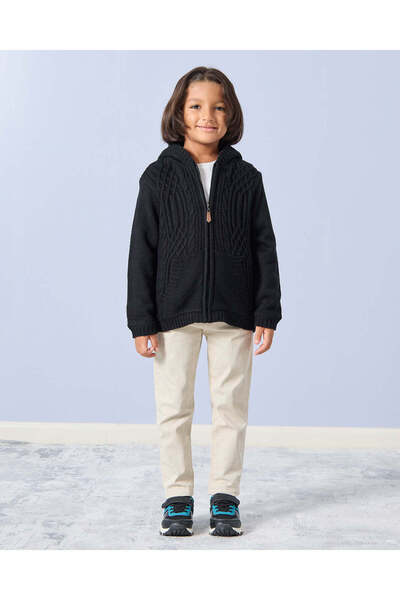 REDTAG Boys Black Zip Thru Fur Lining Hooded Cardigan