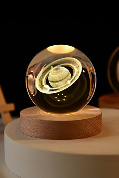 ALFAGİFT Kristal Küre Gece Lambası Satürn Modeli USB Ahşap Tabanlı 3D LED Işı...