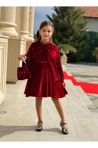 Bayona Kız Çocuk Kırmızı Kadife İnci Detaylı Abiye Elbise ve Bolero Takımı
