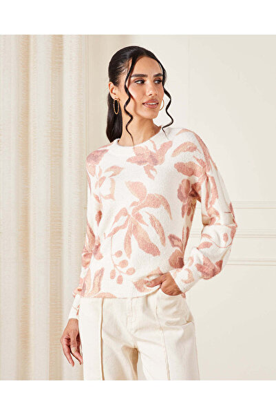 REDTAG بلوفر نسائي محبوك من قماش لوركس مطبوع باللون البيج