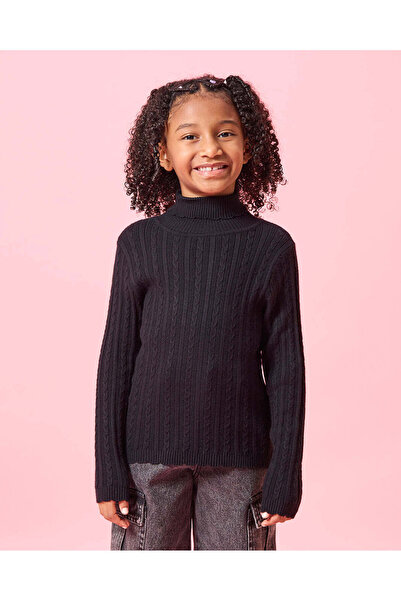 REDTAG Girls Black Turtle Neck Cable Knitted Pullover