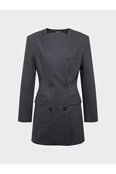 RİVUS Button Detailed and Upright Shoulder Jacket Dress - Gray Striped