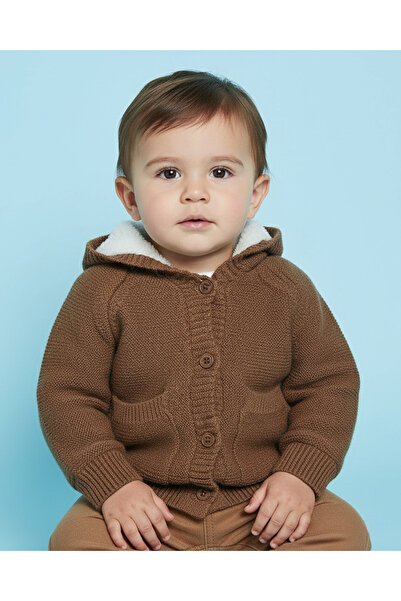 REDTAG سويت شيرت بني للأولاد الرضع بغطاء رأس وأزرار أمامية وجيب