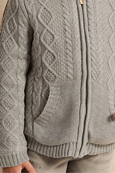 REDTAG Girls Grey Zip Thru Hooded Cardigan