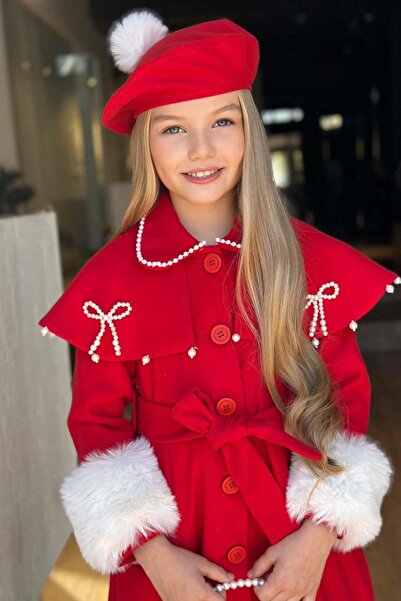 Riccotarz Şal roşu cu detaliu brodat cu perle, cu centură, pentru fete