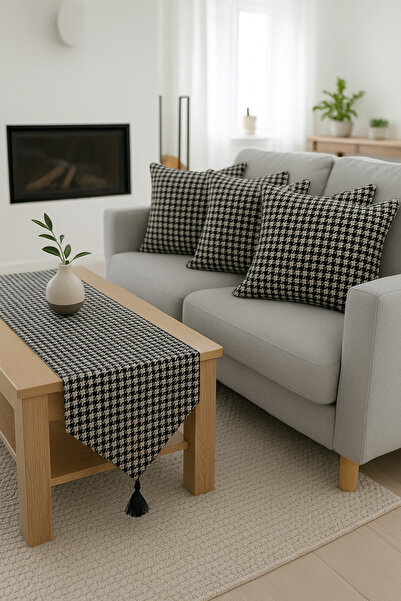 shopshop Gray and Black Houndstooth Patterned Decorative 4-Piece Throw Pillow Cover and Tasseled Runner Cover Set