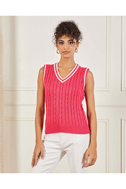 REDTAG Women Pink Cable Knit V-Neck Sleeveless Vest