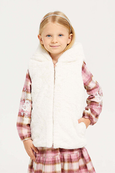 REDTAG Girls White Faux Fur Gillet Jacket With Hood