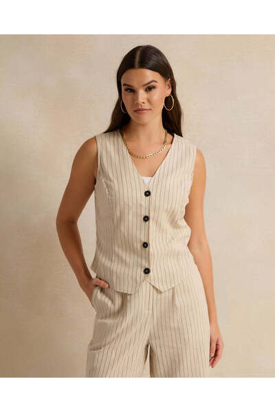 REDTAG Women Beige Button Down Striped Waist Coat