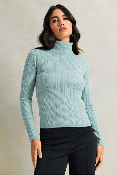 REDTAG Women Blue Textured High Neck Sweater